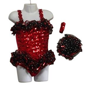 girls sequin ballet jazz dance performance costume leotard dress red black. MC